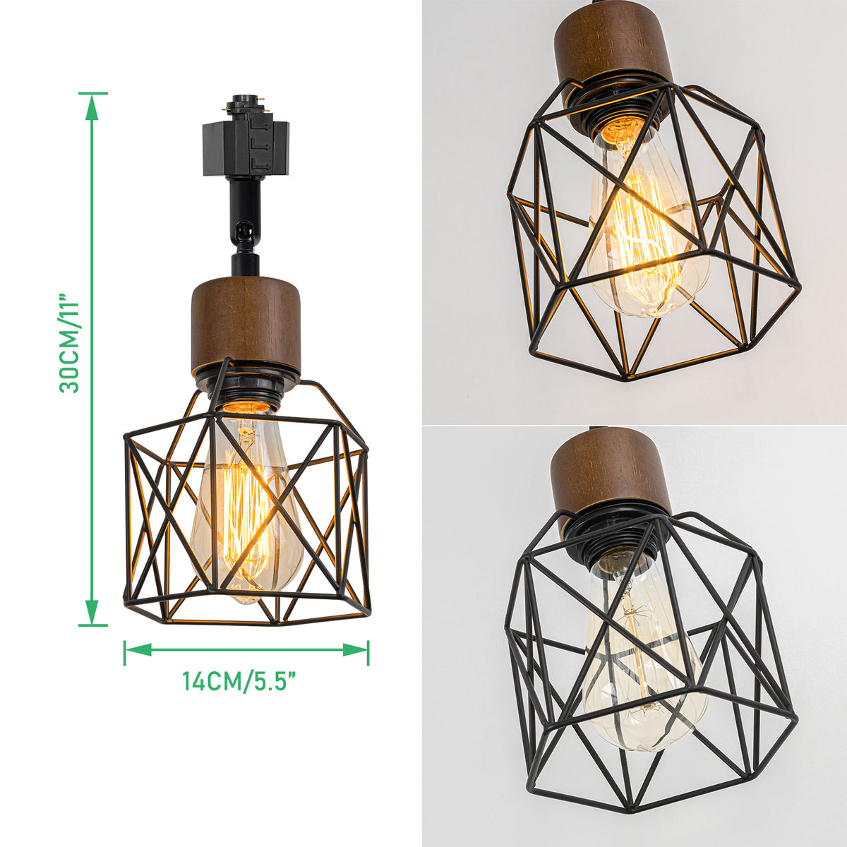 Walnut/Wood Base Black Cage Track Light Adjusted Angle Lighting Vintag