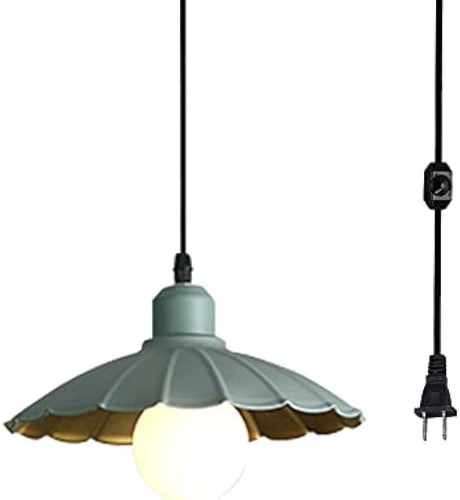 Green Modern Hanging Light Fixture, Plug in Cord and On/Off Dimmer Switch, Iron Umbrella-shaped