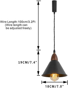 E26 Walnut Base Black Metal Lampshade 3.2 Ft Adjusted Cord Vintage Track Pendant Light For Home