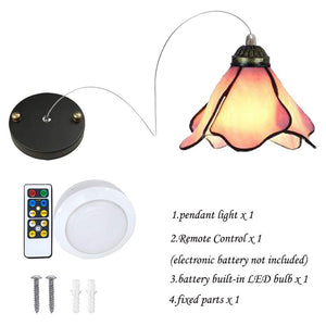 Battery Operated Pendant Light Adjustable Iron Cable Wireless Remote Tiffany Pink Glass 1-Pack