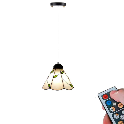 Battery Operated Pendant Light Adjustable Iron Cable Wireless Remote Tiffany Glass 1-Pack