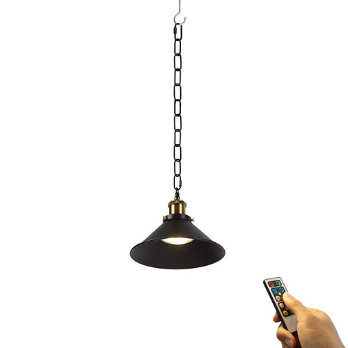 Wireless Battery Operated Pendant Light with Remote Iron Cone Shade and Chain