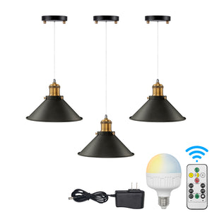 Battery Operated Pendant Light with Adjustable Iron Cable 8.7" Cone Shade