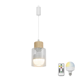 Brightness Adjusted Rechargeable Battery Remote LED Pendant Light Wood Base Glass Shade Modern Design