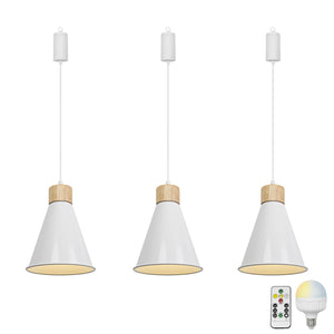 Brightness Adjusted Rechargeable Battery Remote LED Pendant Light Wood Base White Shade Modern Design