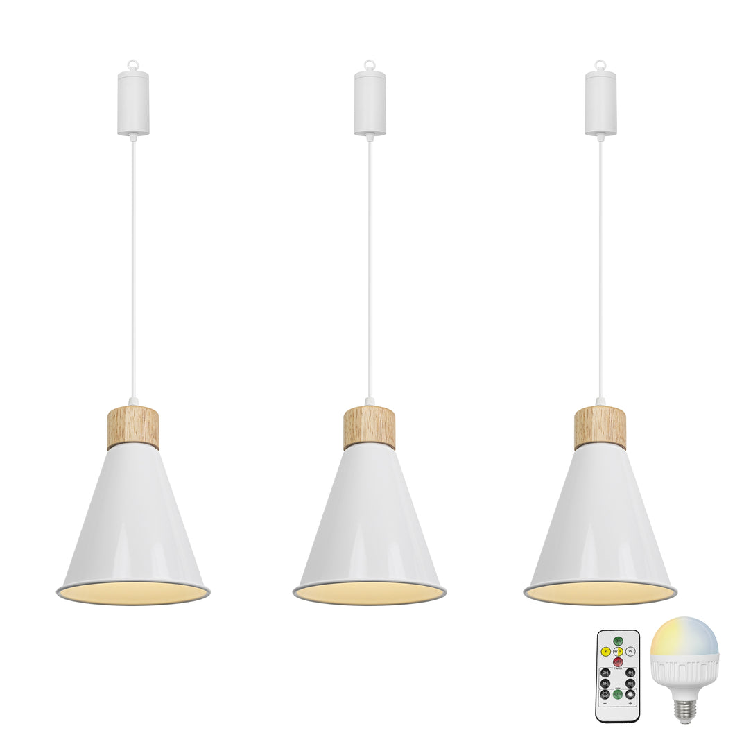 Brightness Adjusted Rechargeable Battery Remote LED Pendant Light Wood Base White Shade Modern Design
