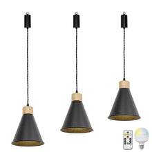 Load image into Gallery viewer, Brightness Adjusted Rechargeable Battery Remote LED Pendant Light Wood Base Black Shade Modern Design