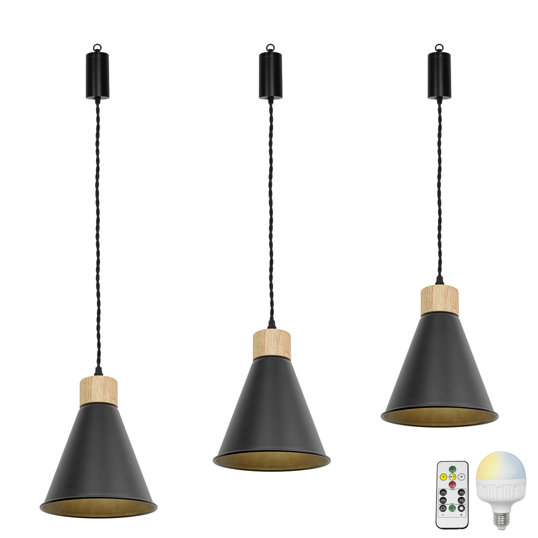 Brightness Adjusted Rechargeable Battery Remote LED Pendant Light Wood Base Black Shade Modern Design