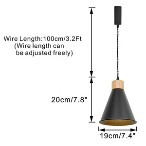 E26 Wood Base Black Metal Cone Shade Retro Track Light 3.2 Ft Adjusted Height Freely