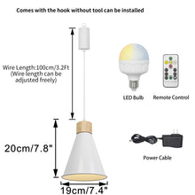 Load image into Gallery viewer, Brightness Adjusted Rechargeable Battery Remote LED Pendant Light Wood Base White Shade Modern Design