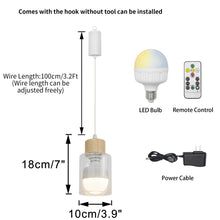 Load image into Gallery viewer, Brightness Adjusted Rechargeable Battery Remote LED Pendant Light Wood Base Glass Shade Modern Design