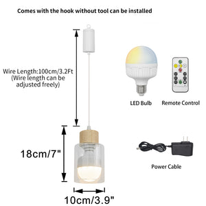 Brightness Adjusted Rechargeable Battery Remote LED Pendant Light Wood Base Glass Shade Modern Design