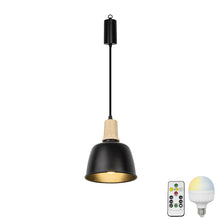 Load image into Gallery viewer, Battery Remote LED Bulb Adjusted Cord Vintage Hanging Light Dimming Timing Wood Base Black Shade