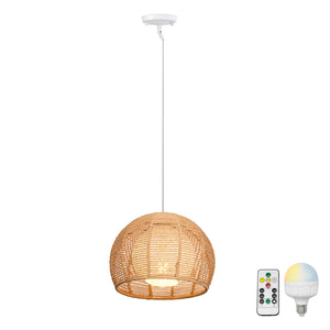 Rechargeable Battery Pendant Light Linen Rattan Shade Smart LED Bulbs with Remote