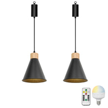 Load image into Gallery viewer, Brightness Adjusted Rechargeable Battery Remote LED Pendant Light Wood Base Black Shade Modern Design