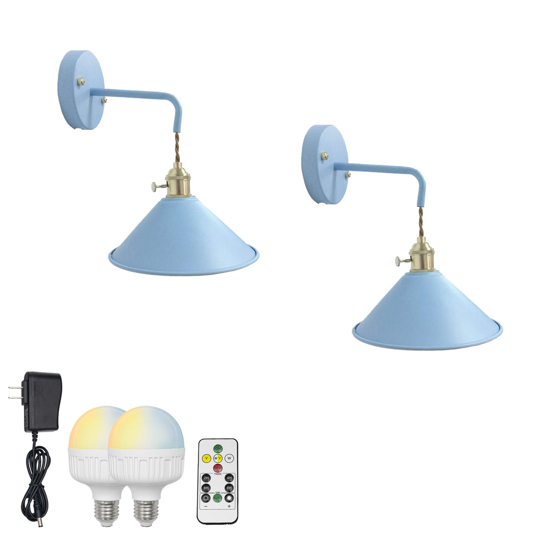 Rechargeable Smart LED Bulbs With Remote Cordless Blue Or Grey Metal Shade Modern Design Wall Sconces