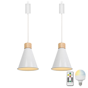 Brightness Adjusted Rechargeable Battery Remote LED Pendant Light Wood Base White Shade Modern Design