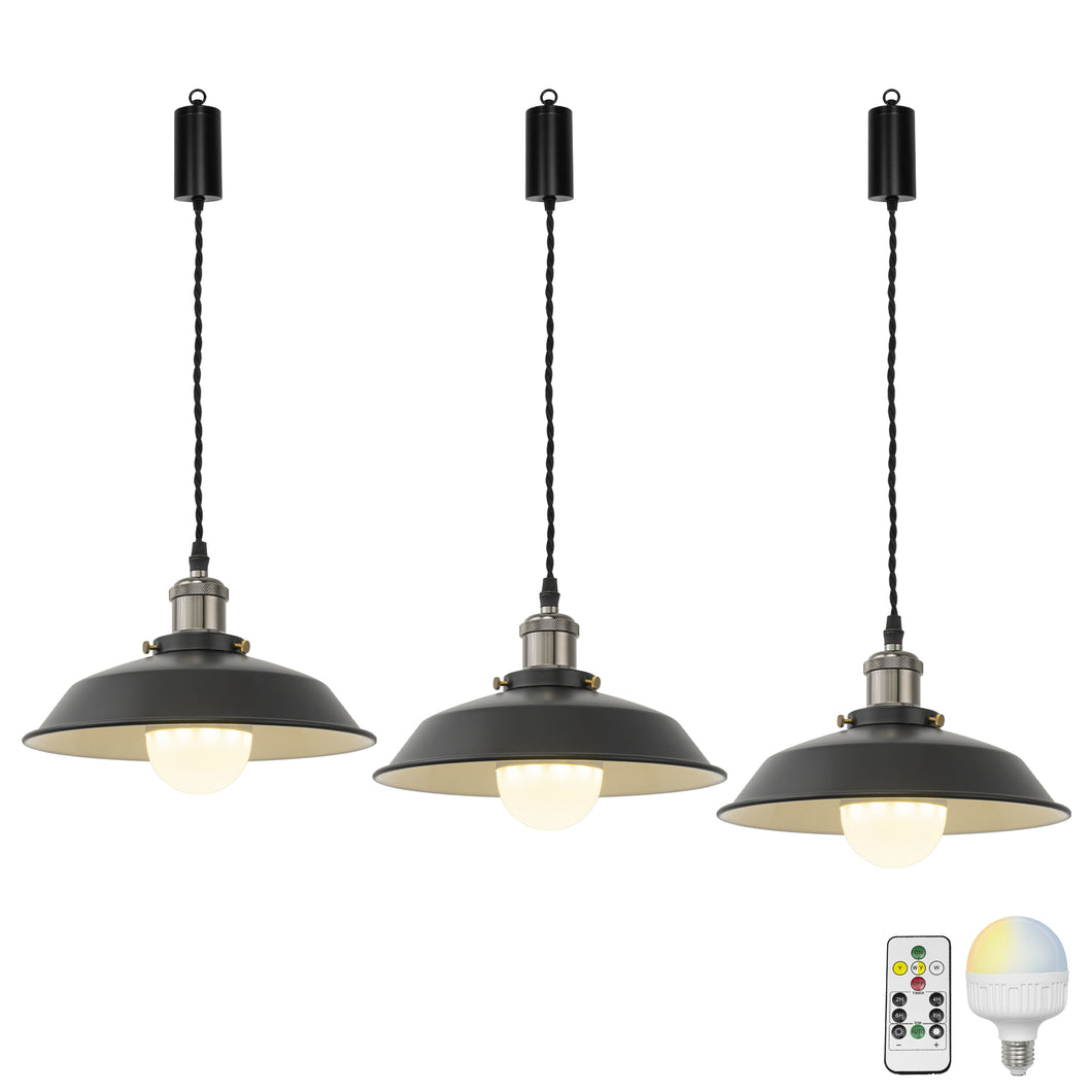 Rechargeable Battery Adjustable Cord Pendant Light Pearl Black Base With Metal Shade Smart LED Bulbs with Remote Retro Design