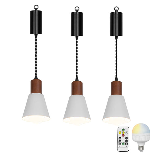 Rechargeable Battery Remote Brightness Adjusted LED Retro Pendant Light Walnut Base Black/White Shade