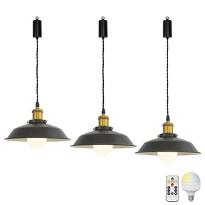 Rechargeable Battery Adjustable Cord Pendant Light Gold Base With Metal Shade Smart LED Bulbs with Remote Retro Design