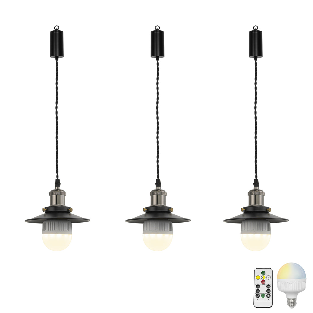 Rechargeable Battery Adjustable Cord Mini Pendant Light Black Metal Shade Smart LED Bulbs with Remote Retro Design