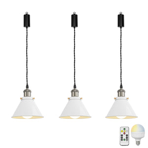 Rechargeable Battery Adjusting Cord Pendant Light White Or Black Metal Cone Shade Smart LED Bulbs with Remote Retro Design