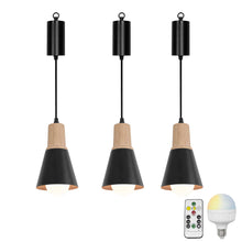 Load image into Gallery viewer, Rechargeable Battery Remote Brightness Adjusted LED Retro Pendant Light Wood Base Black/White Shade