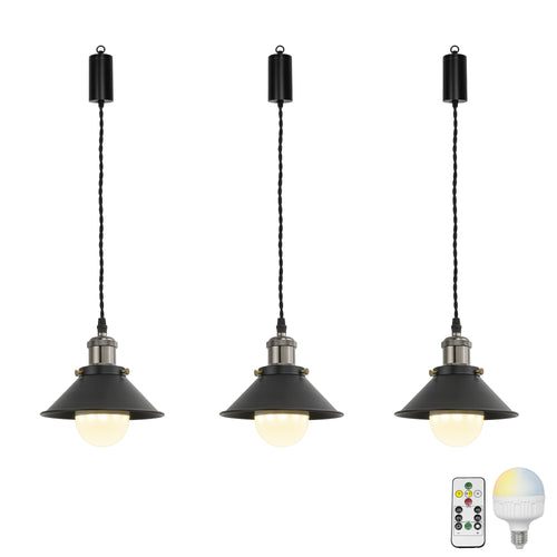 Rechargeable Battery Adjusted Cord Pendant Light Black Metal Shade Smart LED Bulbs with Remote Vintage Design