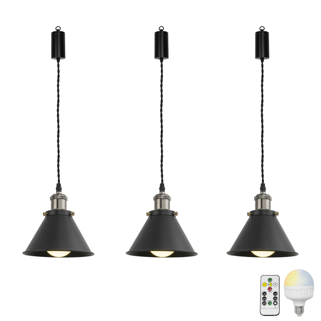 Rechargeable Battery Adjusting Cord Pendant Light White Or Black Metal Cone Shade Smart LED Bulbs with Remote Retro Design