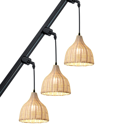Sloped Position Track Light Fixture E26 Base Rattan Lampshade Vintage Design Hanging Lamp Inclined Roof