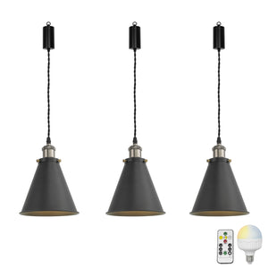 Rechargeable Battery Adjusting Cord Pendant Light White Or Black Metal Shade Smart LED Bulbs with Remote Retro Design