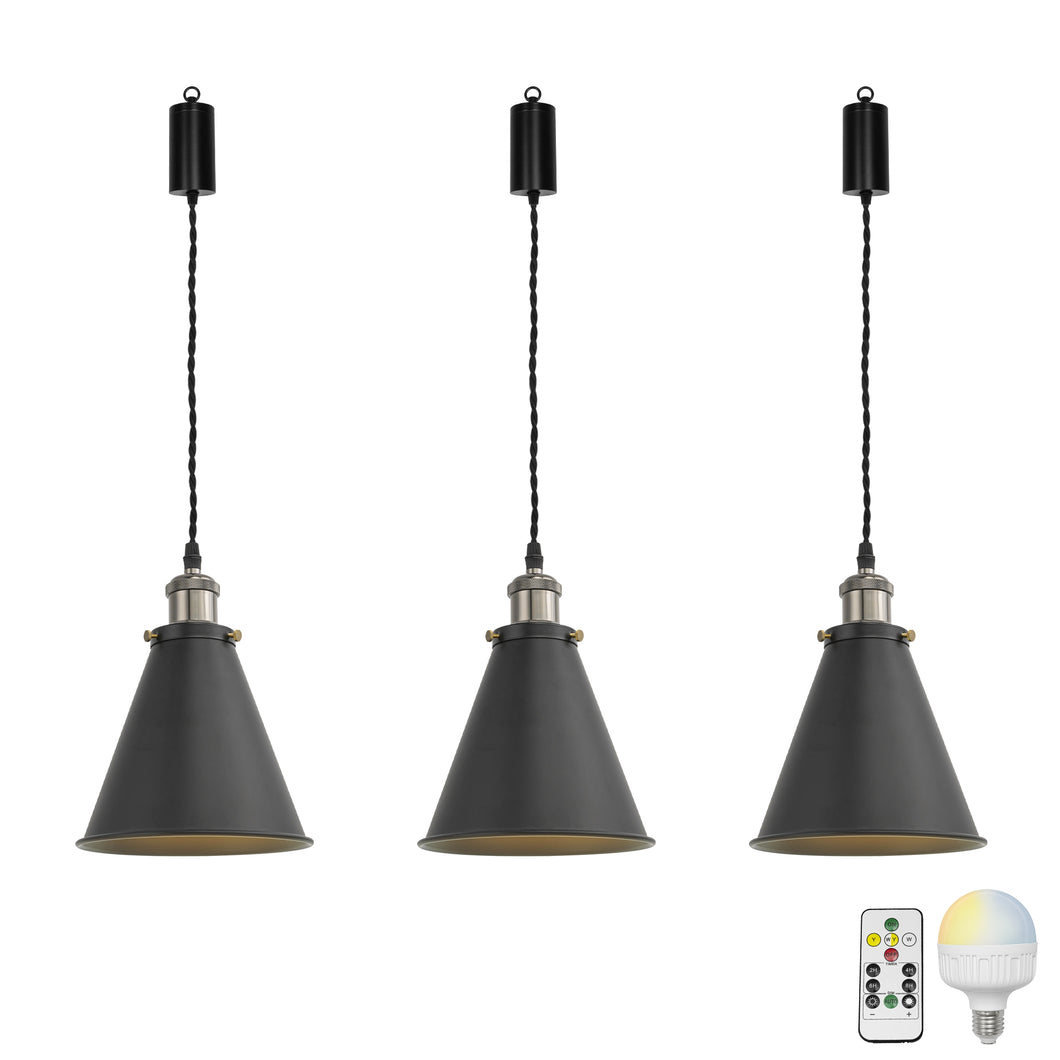 Rechargeable Battery Adjusting Cord Pendant Light White Or Black Metal Shade Smart LED Bulbs with Remote Retro Design