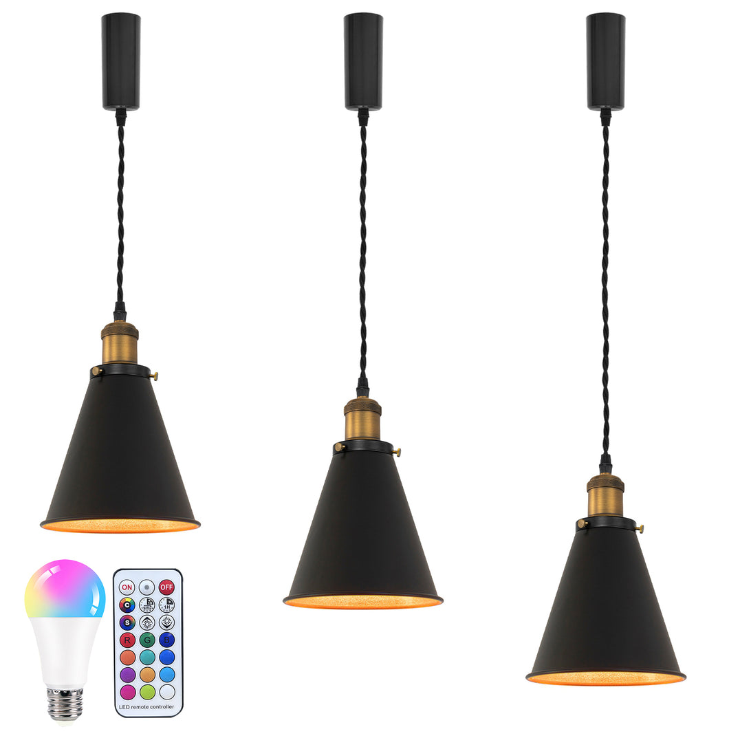 Remote Control RGB LED Black Outer Gold Inner Track Pendant Light Brown Bronze E26 Base Adjusted Fixture Vintage Design