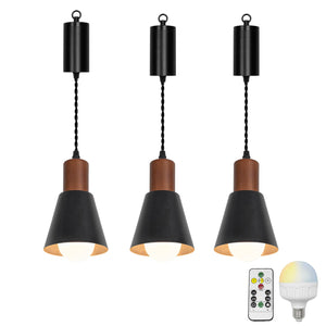 Rechargeable Battery Remote Brightness Adjusted LED Retro Pendant Light Walnut Base Black/White Shade