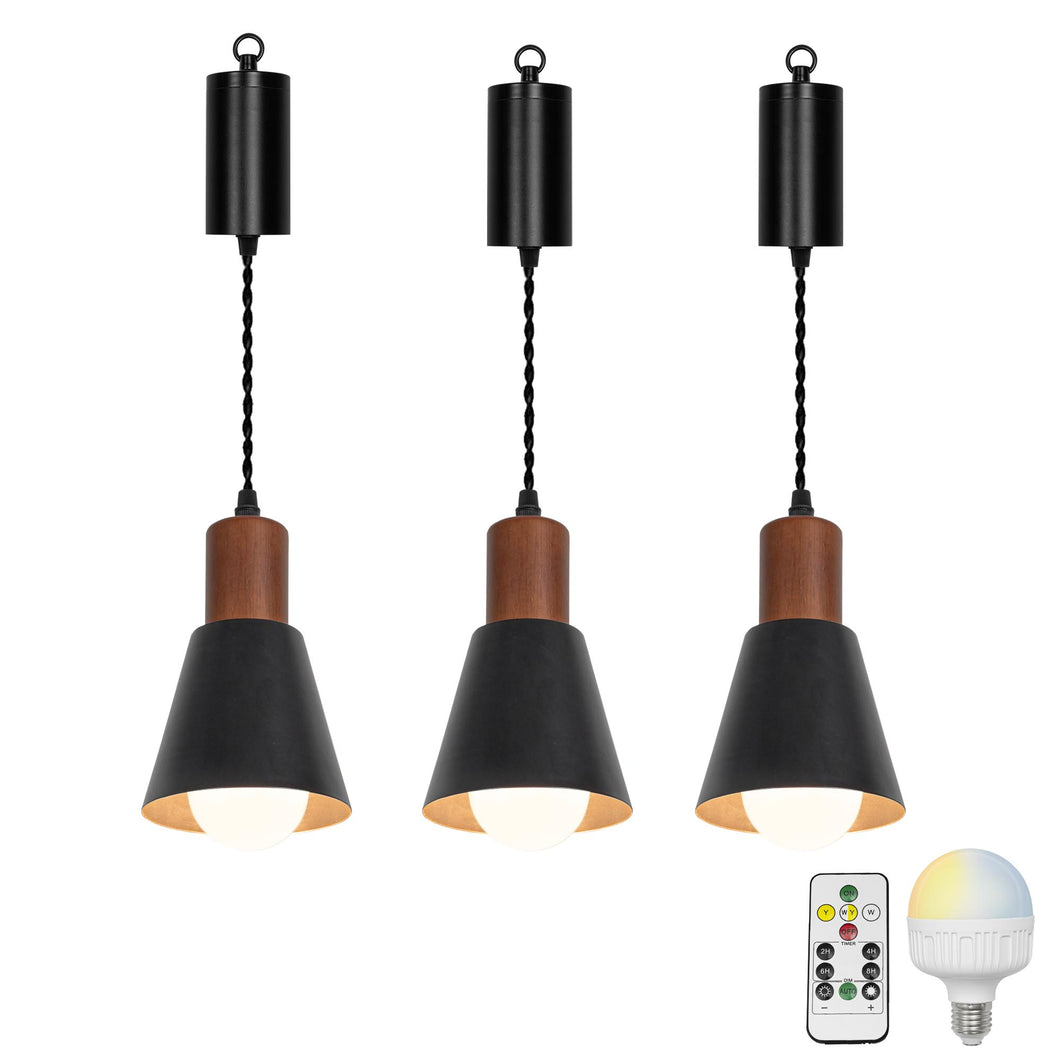 Rechargeable Battery Remote Brightness Adjusted LED Retro Pendant Light Walnut Base Black/White Shade