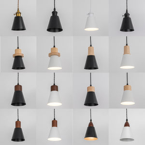 Rechargeable Battery Remote Brightness Adjusted LED Retro Pendant Light Wood Base Black/White Shade