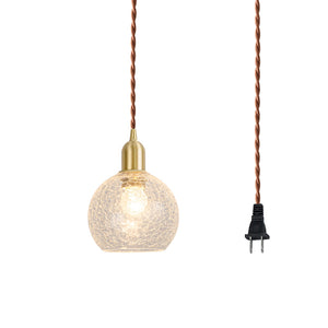 Hanging Light Plug In Corded Cracked Glass Shade Brass Base Living Lamp Modern Design