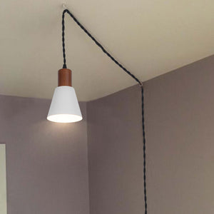 Plug In Outlet Corded Hanging Light Walnut Base Metal Black/White Shade Retro Living Lamp