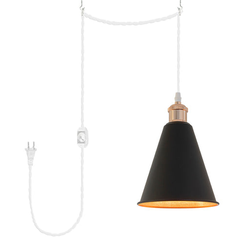 French Gold Base Black Cone Metal Shade Swag Plug-in Dimmable Pendant Light