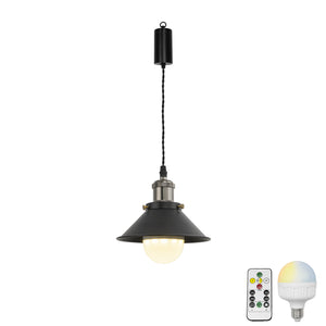 Rechargeable Battery Adjusted Cord Pendant Light Black Metal Shade Smart LED Bulbs with Remote Vintage Design