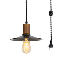 Load image into Gallery viewer, Plug In Outlet Corded Hanging Light Walnut Base Metal Dia 8.6&quot; Shade Retro Pendant Lamp