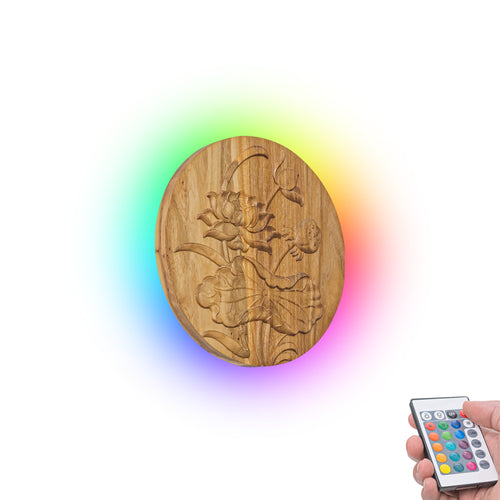 Lotus Pattern Hand-carved Wooden Light Home Decor Convenient Hook Wall Sconce Battery Remote Background Dimmable Light