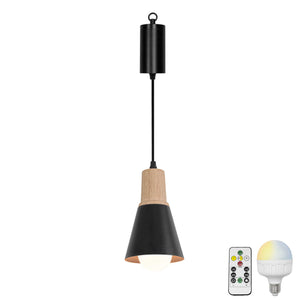 Rechargeable Battery Remote Brightness Adjusted LED Retro Pendant Light Wood Base Black/White Shade