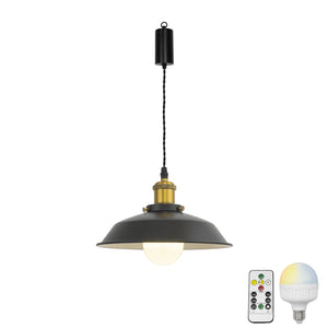 Rechargeable Battery Adjustable Cord Pendant Light Gold Base With Metal Shade Smart LED Bulbs with Remote Retro Design