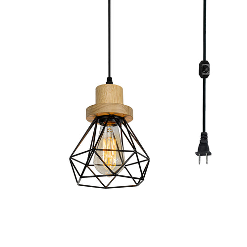 Plug In Outlet Corded Dimmable Hanging Light Log Base Metal Hollow Shade Retro Living Lamp