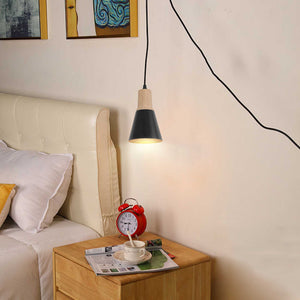 Plug In Outlet Corded Hanging Light Wooden Base Metal Black/White Shade Retro Living Lamp