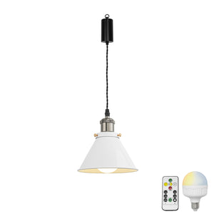 Rechargeable Battery Adjusting Cord Pendant Light White Or Black Metal Cone Shade Smart LED Bulbs with Remote Retro Design
