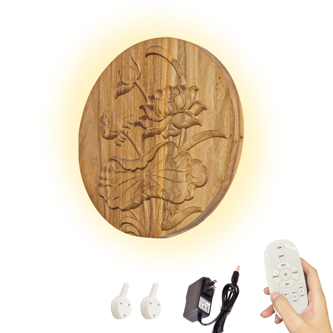 Lotus Pattern Hand-carved Wooden Light Home Decor Convenient Hook Wall Sconce Battery Remote Background Dimmable Light