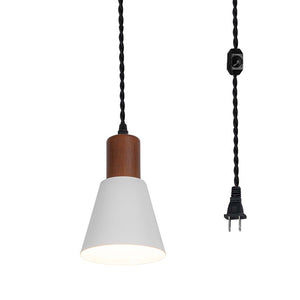 Plug In Outlet Corded Hanging Light Walnut Base Metal Black/White Shade Retro Living Lamp