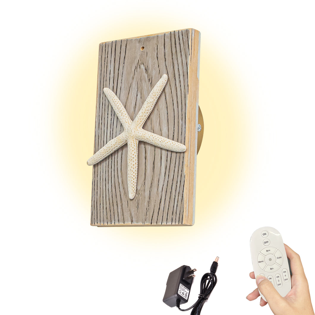 Handcrafted Wooden With Starfish Convenient Hook Wall Sconce Go Wire-Free Battery Background Dimmable Light